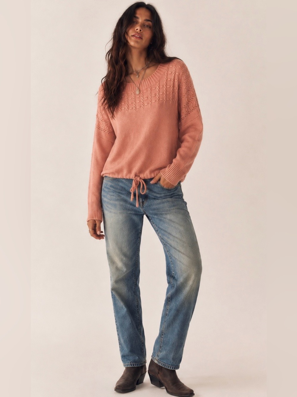 Easel Dusty Peach/Coral Knit Sweater L Crochet/Pointelle Drawstring Hem Boho